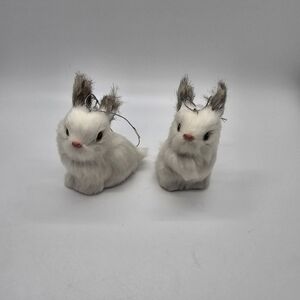 Vintage Set of 2 White Faux Fur Bunny Rabbits Hanging Christmas Ornaments
